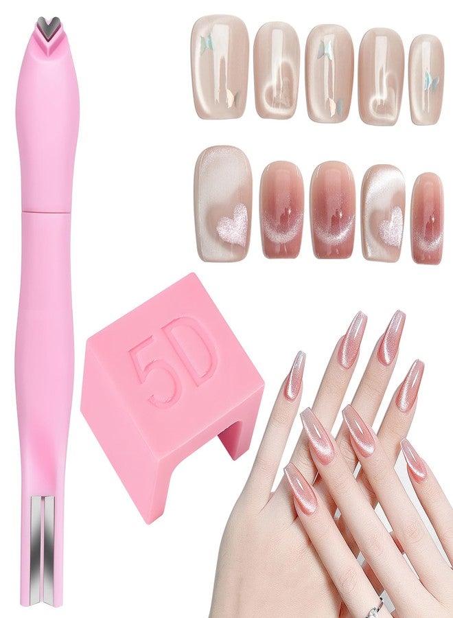 CYUXING 2Pcs 3 in 1 Cat Eye Nail Magnet, Versatile U-shaped Magnet Tool for Cat Eye Gel Polish Heart Shaped Round for Studio Home DIY Salon Multifunctional Accessories Pink - Image 1